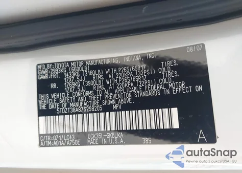 2007 Toyota Sequoia Limited V8 из США, поврежденный, VIN 5TDZT38A87S298205